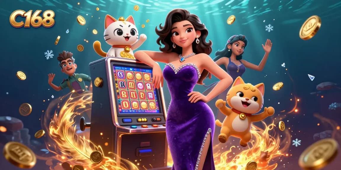 C168 offers exhilarating casino games as a glamorous woman revels in jackpot wins beside a fortune cat.
