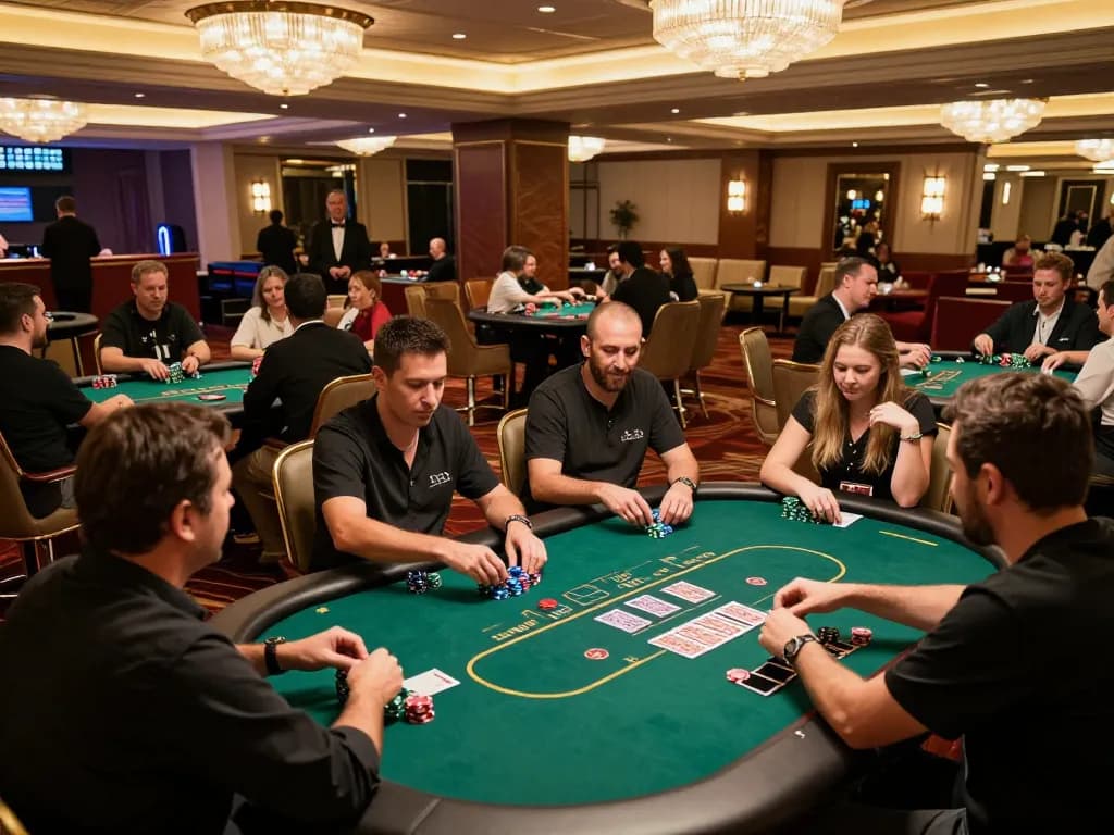 Players engaging in strategic gameplay at the liên minh okwin casino floor, surrounded by luxurious decor and festive atmosphere.
