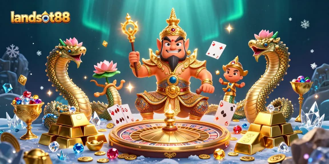 Landslot88 live casino experience with engaging characters, roulette wheel, and treasure elements.