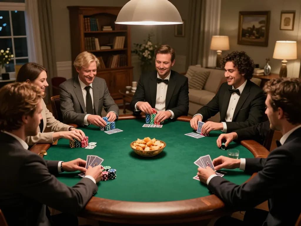 Teman-teman menikmati permainan poker yang menarik di rumah dengan strategi yang berfokus pada taruhan Ulat123