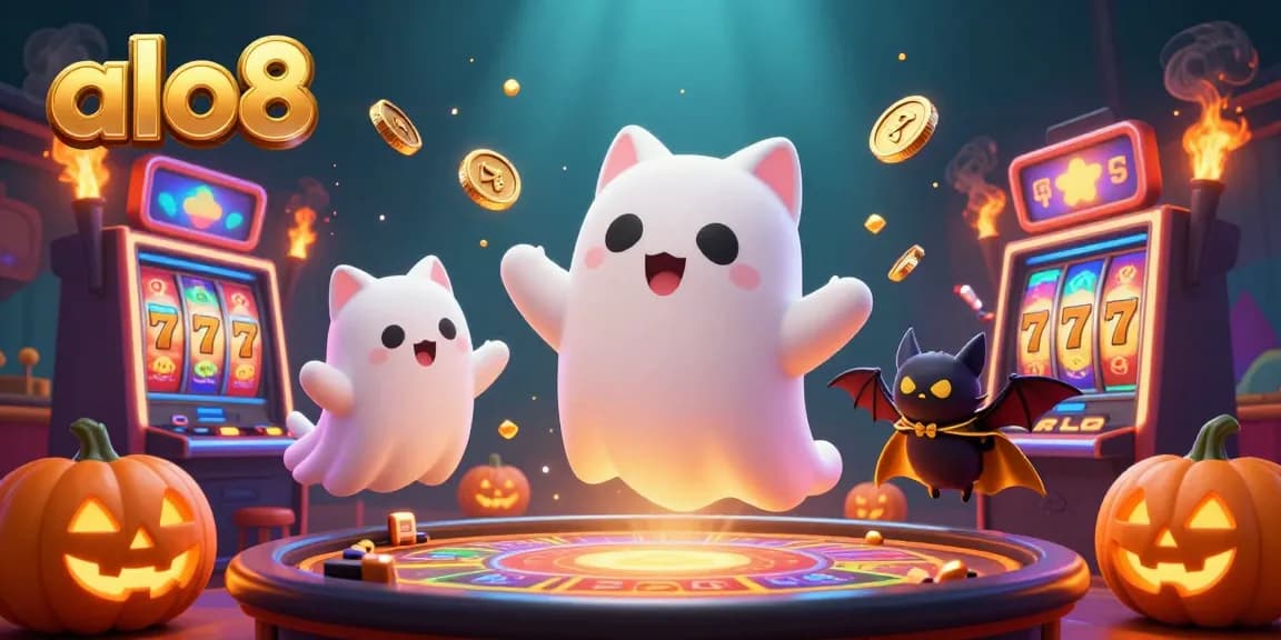 Alo8 engages players with a ghost cat and bat in a vibrant casino, showcasing slot machines and glowing jack-o-lanterns.