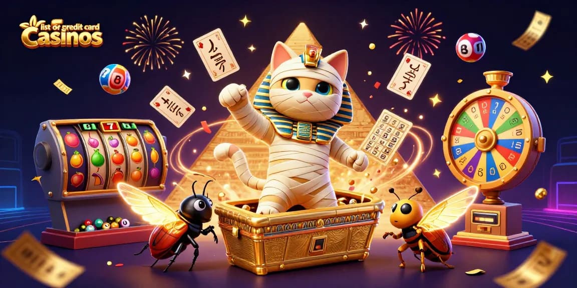 Play at the list of credit card casinos, featuring vibrant 3D casino elements and characters.