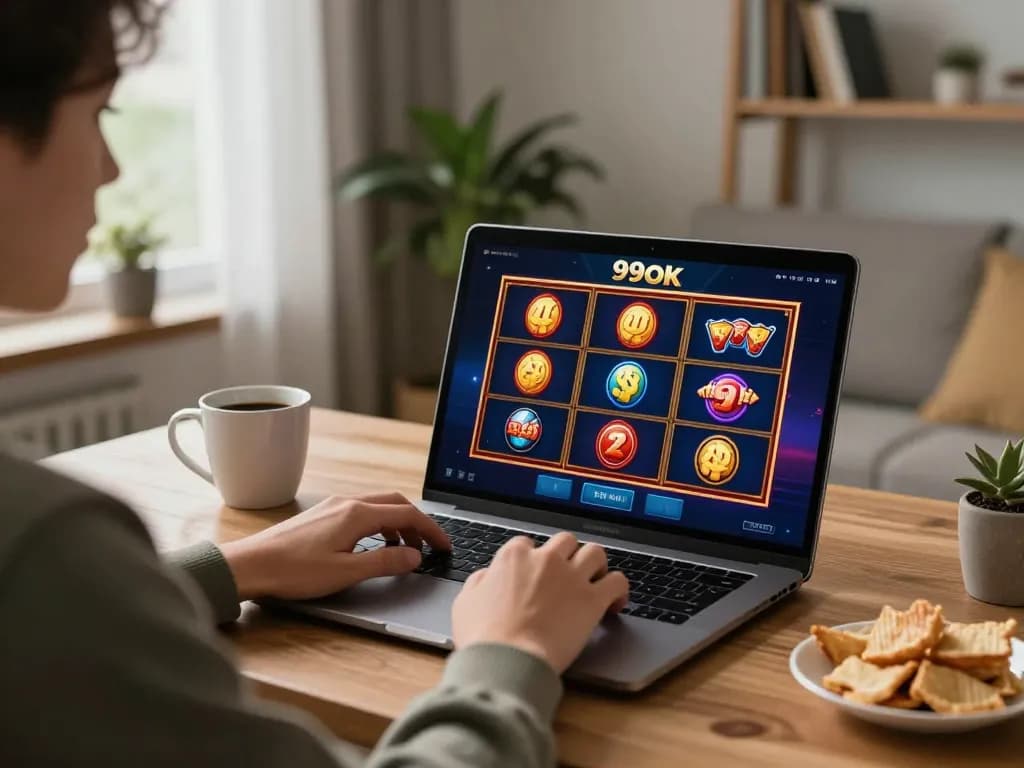 Person engaging with vibrant slot games on the 99ok platform in a cozy home gaming setup.