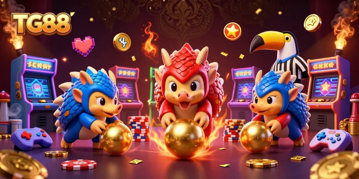 Engage in thrilling gameplay at TG88 with animated pangolins competing amidst colorful casino elements.