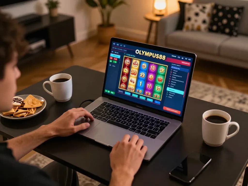 OLYMPUS88 online gaming setup with player engaged in betting and vibrant slot reels