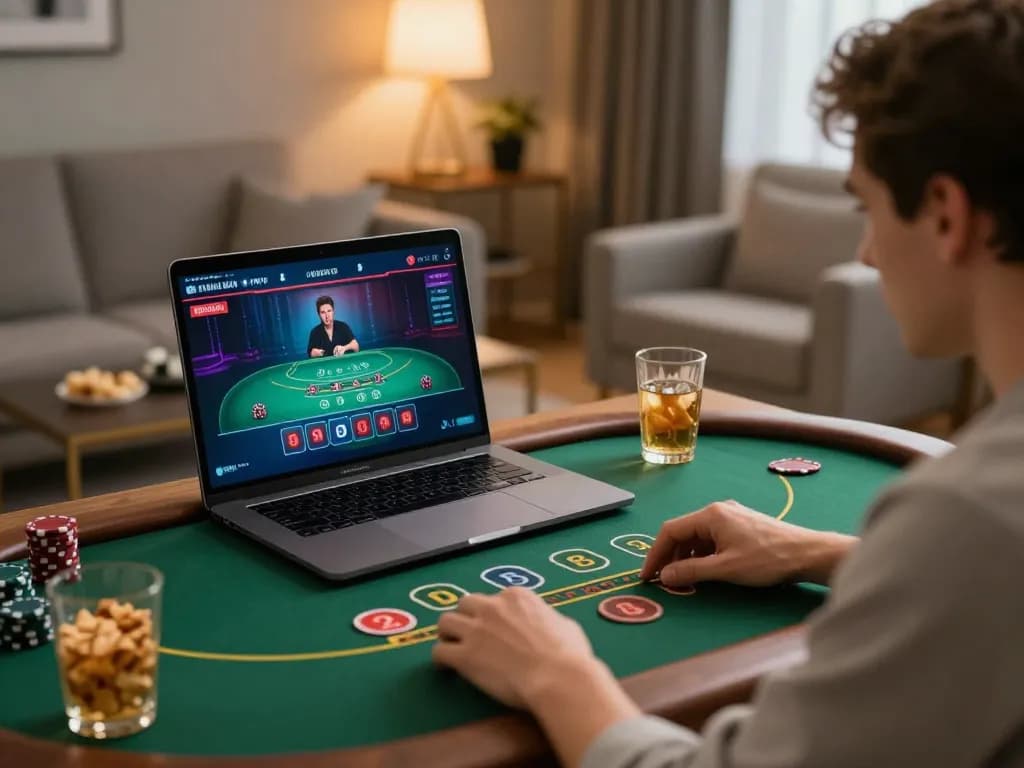 Player enjoying live blackjack on laptop at home, showcasing SC88 for online gaming