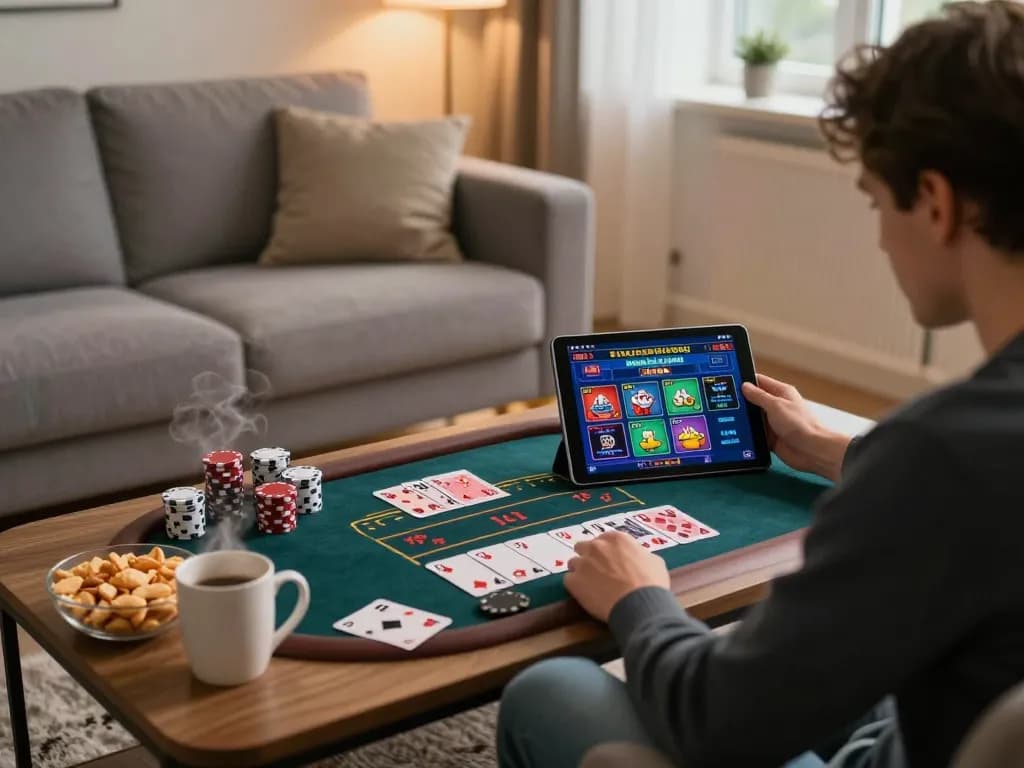 An engaging scene of a player exploring non UK casinos on a tablet, showcasing online gaming strategy in a cozy home environment.