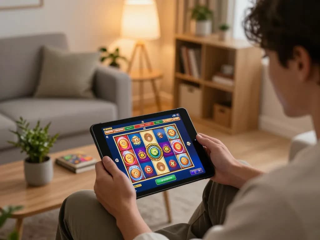 Engaging with online casino games on a tablet in a cozy living room setting