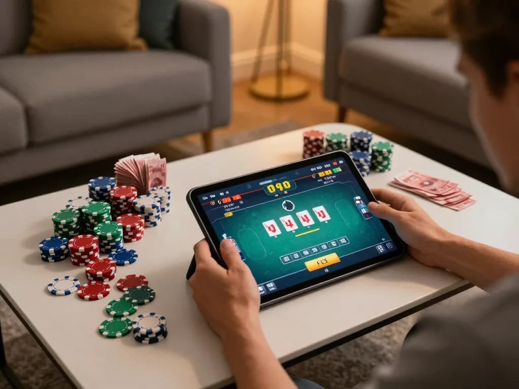Engaging poker gameplay on octaslot tablet with vibrant chips in cozy living room.