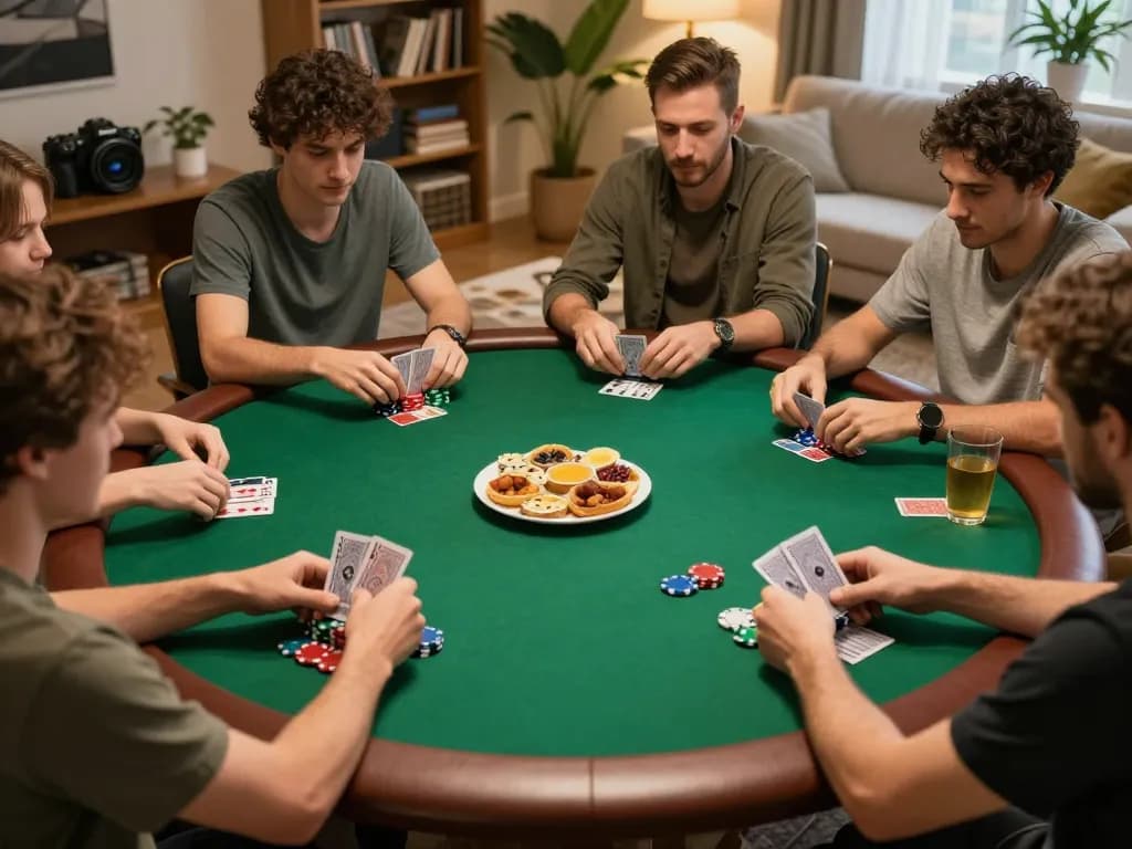 king33 players enjoying a thrilling home poker night with vibrant chips and cards.
