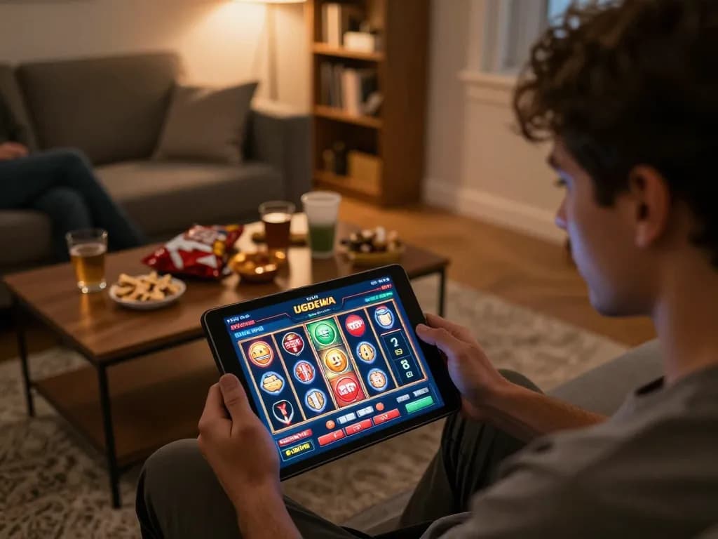 Engaging activity on UGDEWA casino app showing dynamic online slot gaming experience in a cozy living room