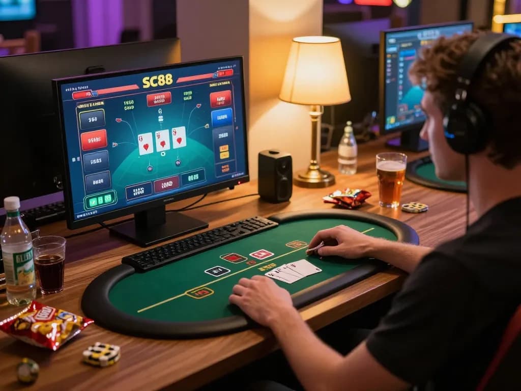 Engaging in a competitive SC88 poker game online with vibrant gameplay and cozy setting