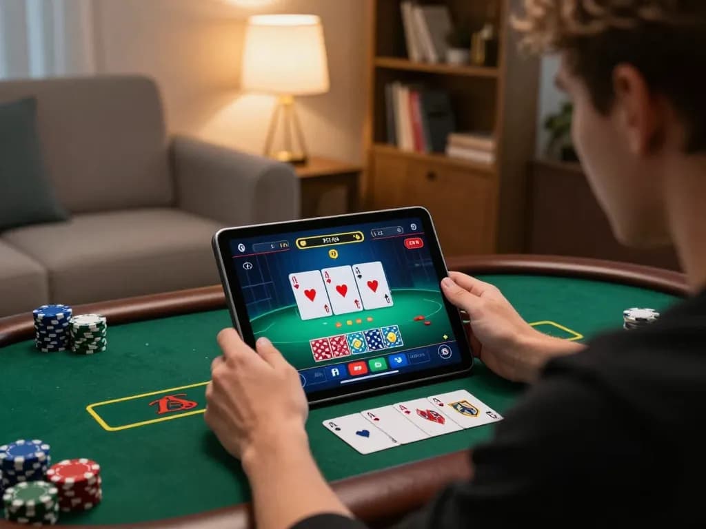 Enjoying PLANET88: Engaging in live dealer poker on a tablet in a cozy home setting.