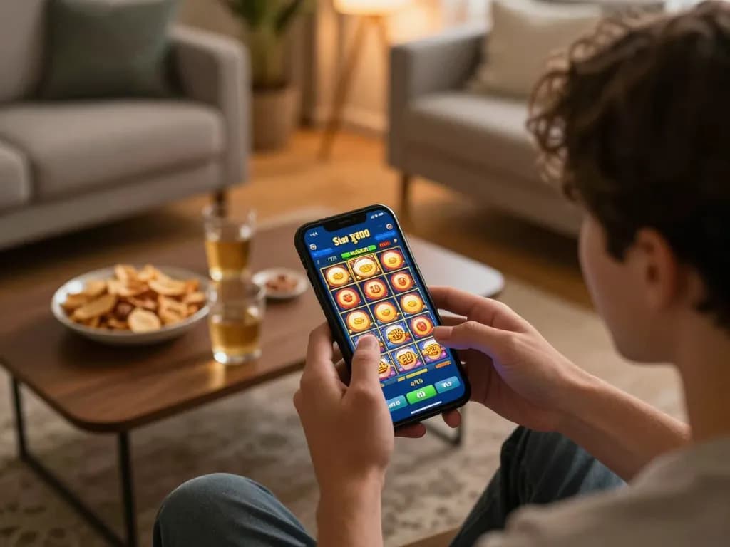 Player engaging with Slot x500 gameplay on smartphone, showcasing online gaming excitement in a cozy setting.
