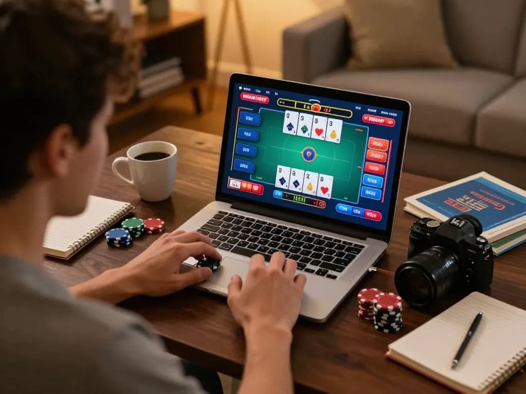 Player engaging in an online toto poker game, focused on strategy and gameplay at home.