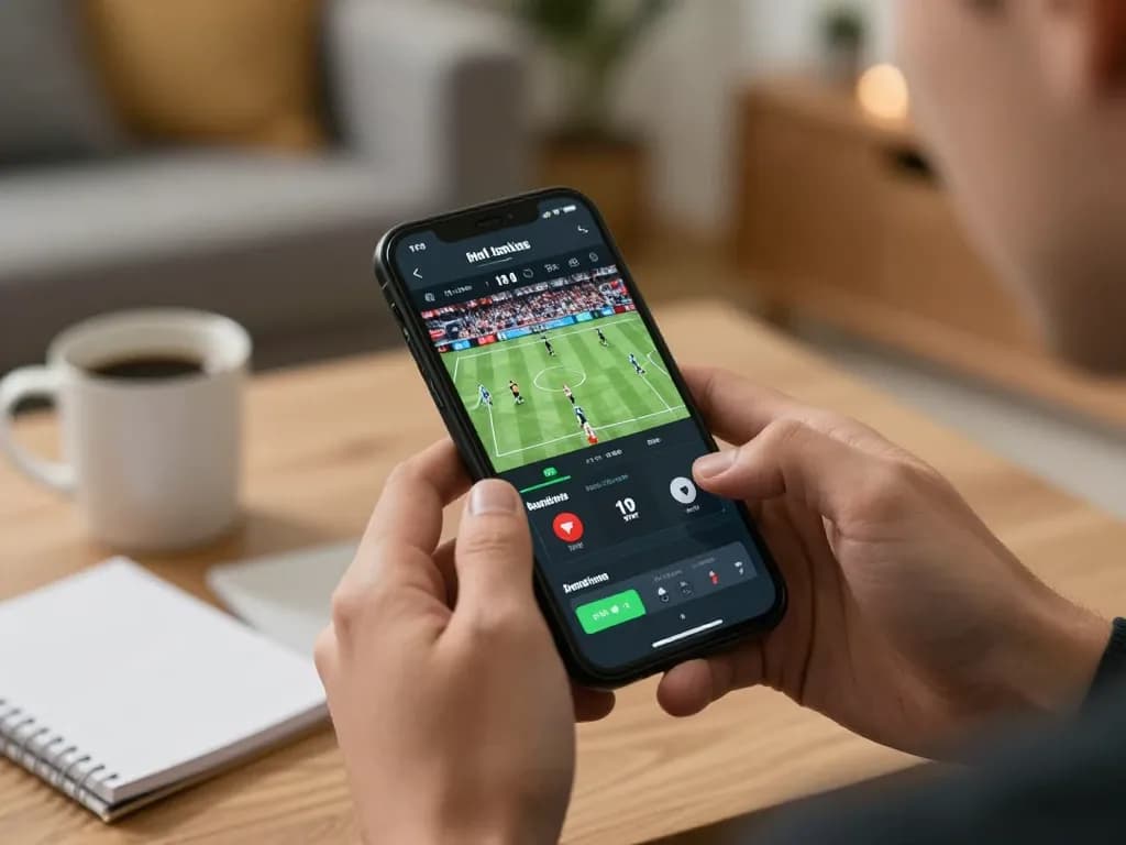 A player actively using the Nk88 link for sports betting on a mobile app in a cozy home setting