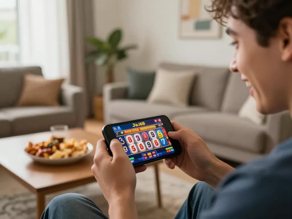 Player enjoying mobile gambling on Jun88 app in a cozy living room setting