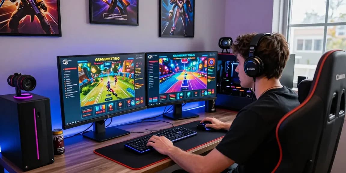 Engaged gamer using Grandbetting platform in a vibrant gaming setup.