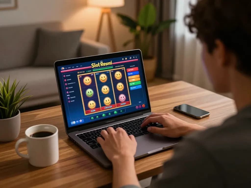 Engaging in Slot Resmi gameplay in a modern home office setting, highlighting strategic online gaming.