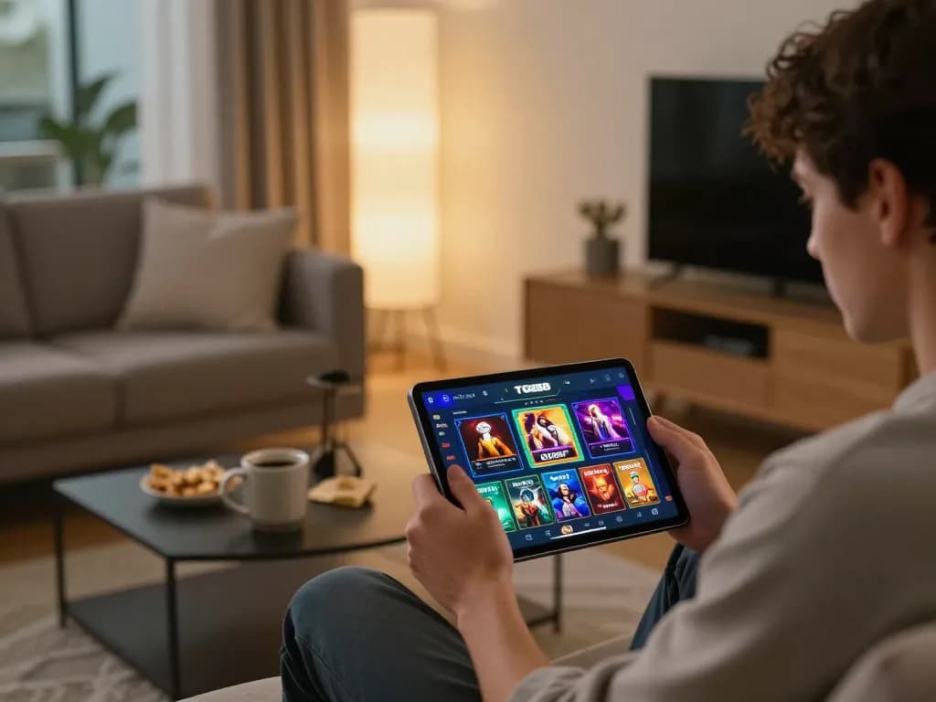 Player using TG88 casino app for online gaming in a cozy home setting