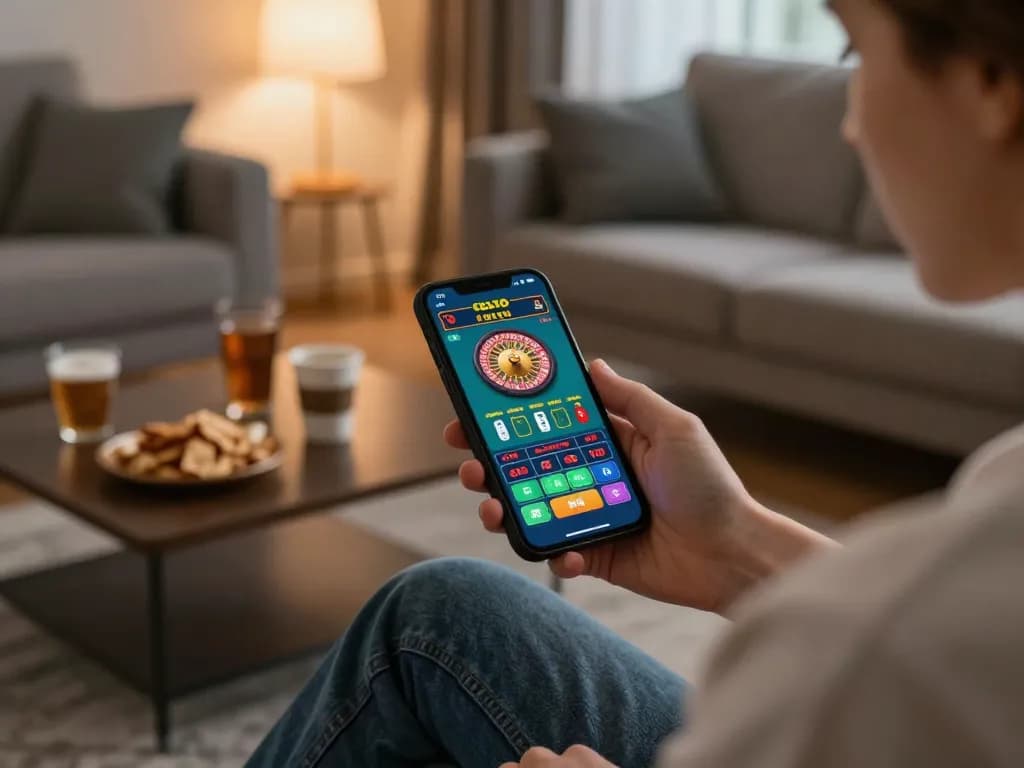 Person engaging in mobile gambling at home on af88 app with roulette game displayed on phone.
