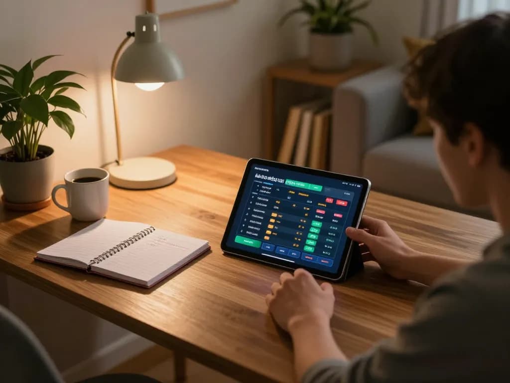 Kèo bóng đá hôm nay displayed on tablet while betting strategies are noted in a cozy gaming space