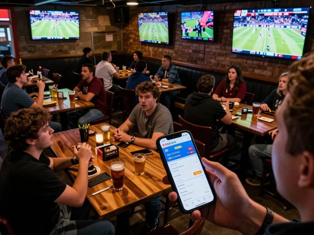 Fans using KQBD app during live sports betting at vibrant sports bar
