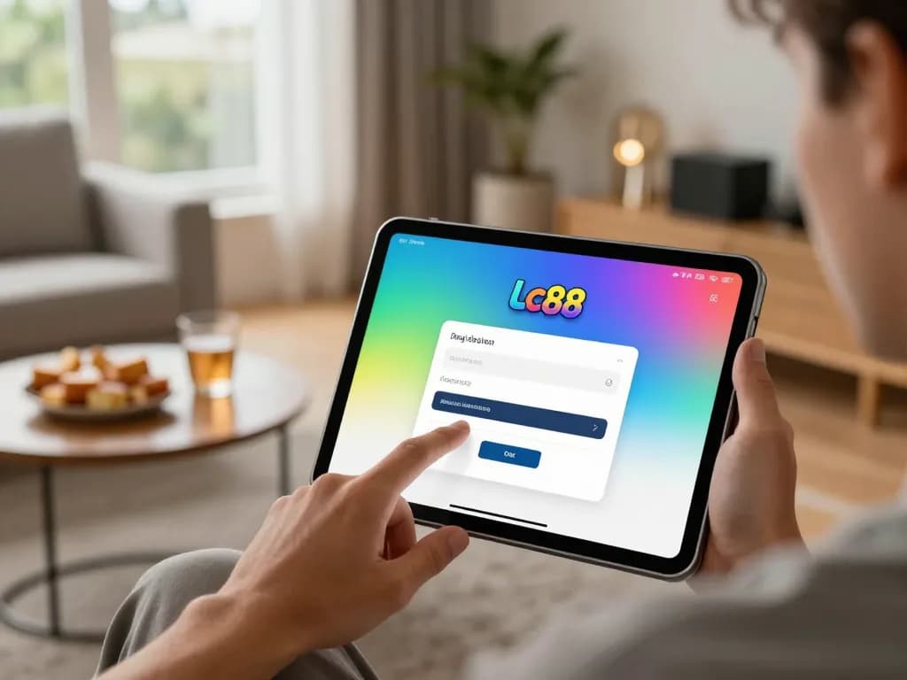 Player engaging in Lc88 đăng nhập on tablet in cozy home setting with warm lighting and snacks.