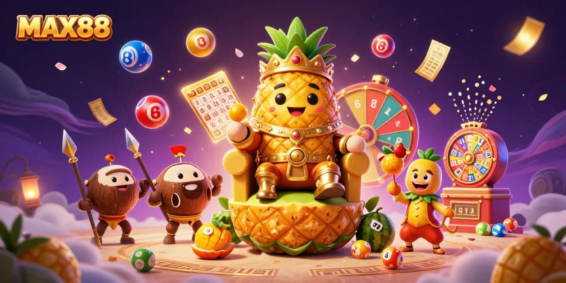 Experience MAX88 with vibrant lottery balls and a golden pineapple king at a dynamic beach casino.