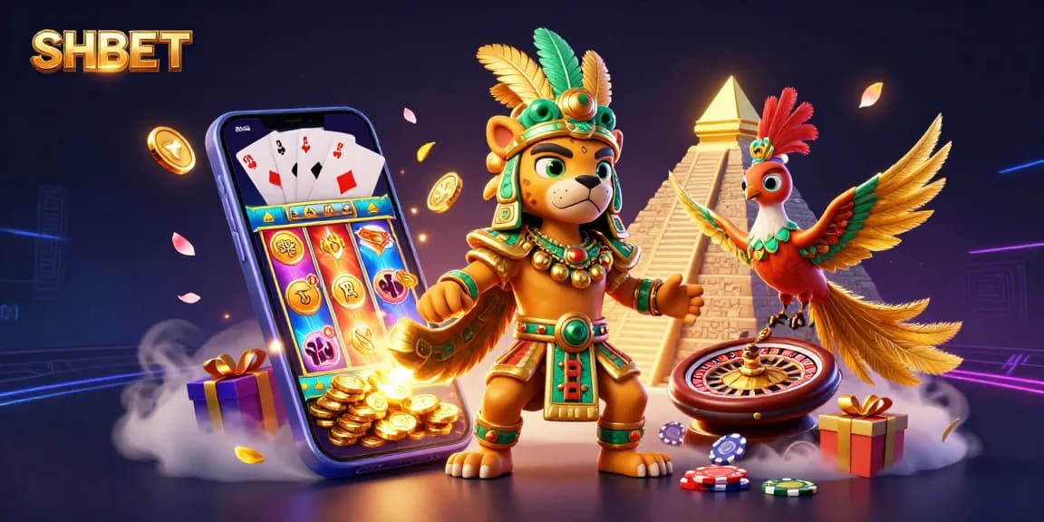 SHBET features a vibrant scene with casino elements and dynamic characters for thrilling gambling adventures.