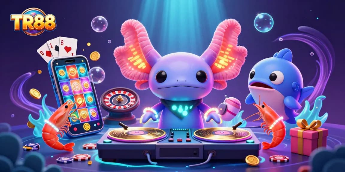 Experience thrilling slot wins with TR88, featuring a vibrant axolotl DJ and energetic characters.