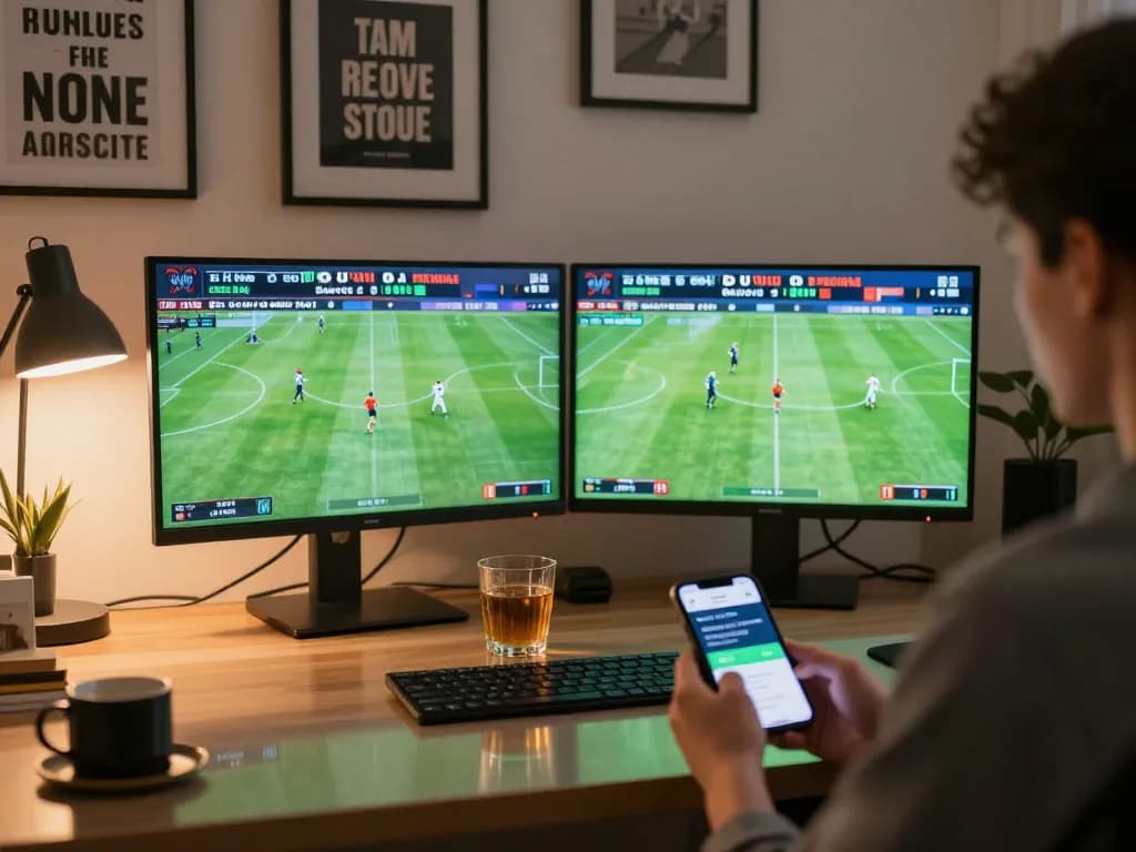 Engaging sports betting scene featuring live kèo bóng đá updates on screens, person interacting with a smartphone in modern decor.