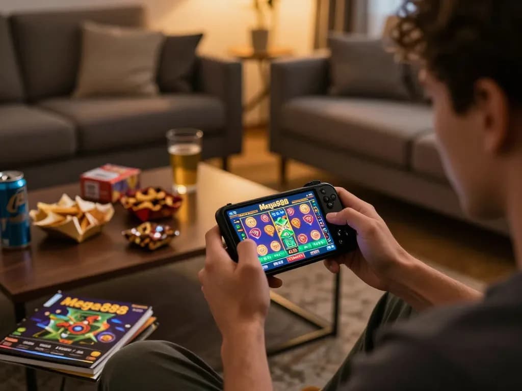 Mega888 user engaged with mobile gaming app, showcasing winning strategies in a cozy setting.
