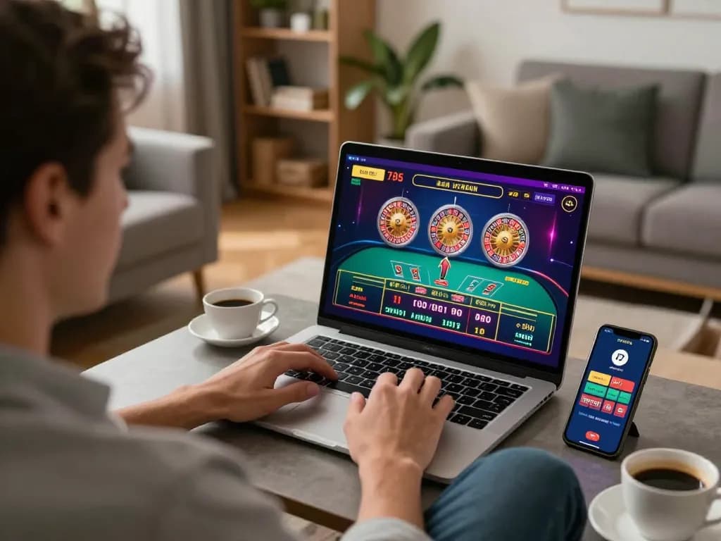 Player engaged with the PHTAYA online casino interface from a cozy home setup, showcasing relaxing gaming atmosphere.