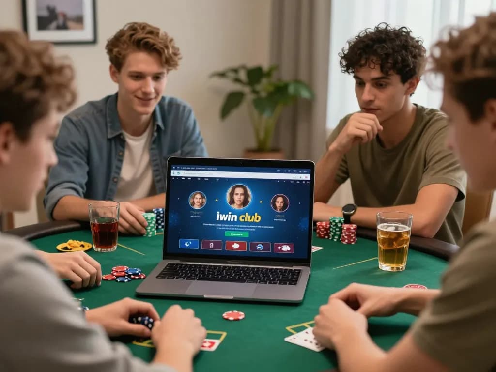 Engaging online poker gameplay at iwin club with friends enjoying snacks and drinks.
