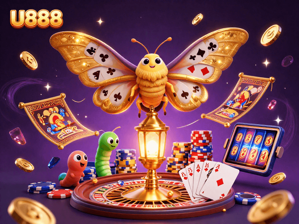 Experience thrilling casino excitement with U888 as golden moths illuminate the game.