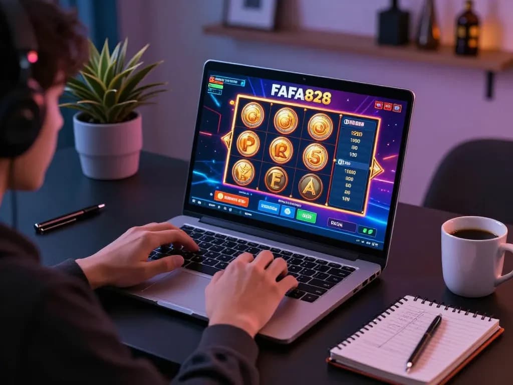 Playing FAFA828 online gaming on a laptop in a cozy modern setup with strategy notes.