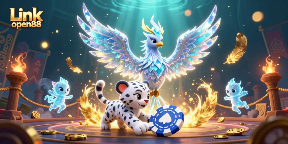 Engage in the excitement of Link open88 with a vibrant illustration showcasing an ice phoenix, snow leopard, and ice sprites in a dynamic casino scene.