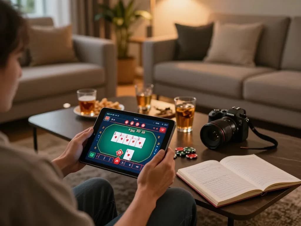 Engaging online gambling moment at NET88, showing a player strategizing with betting notes on a tablet.