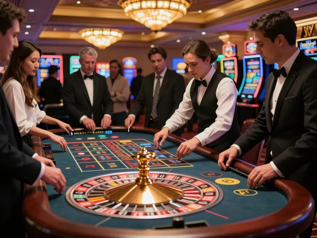 Engaged players betting on roulette at the upscale 789P casino, showcasing excitement and strategy.