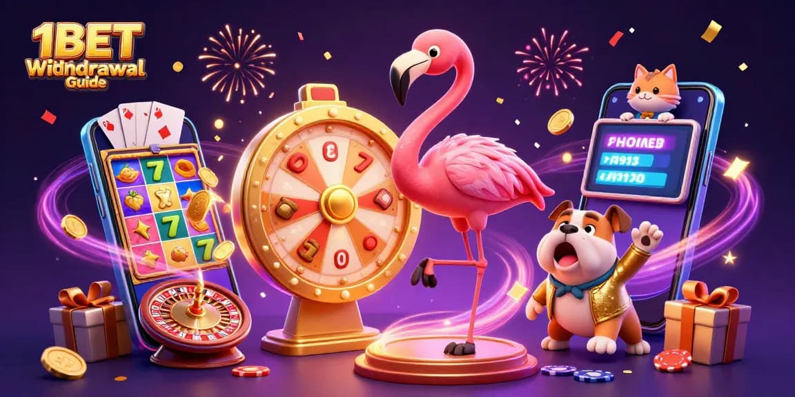 Engaging 1BET Withdrawal Guide featuring a flamingo game show host and bulldog contestant amid dynamic casino elements.
