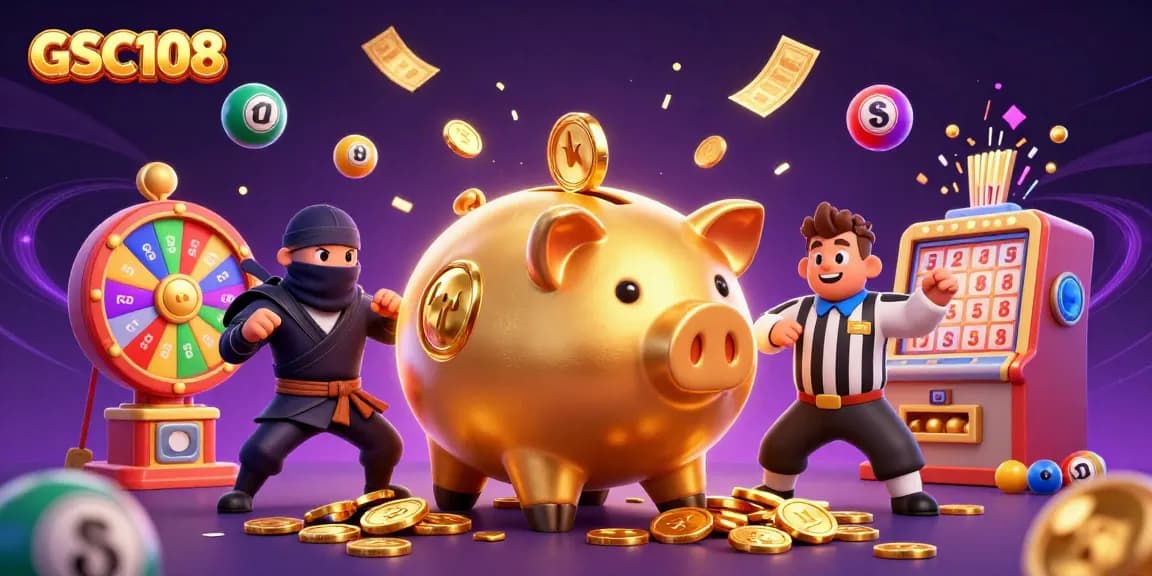 Experience thrilling moments with GSC108 as golden coins cascade from a gigantic piggy bank in this vibrant casino scene.