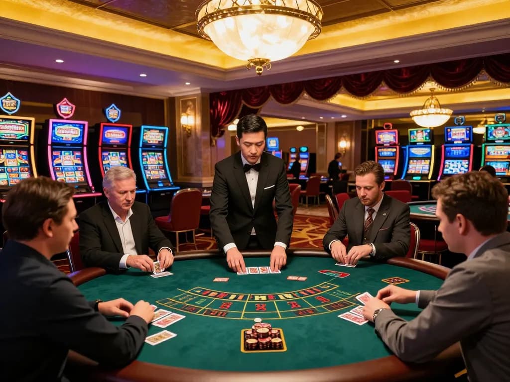 Players assess their bets at an upscale baccarat table in an okwin casino, capturing high-stakes excitement.