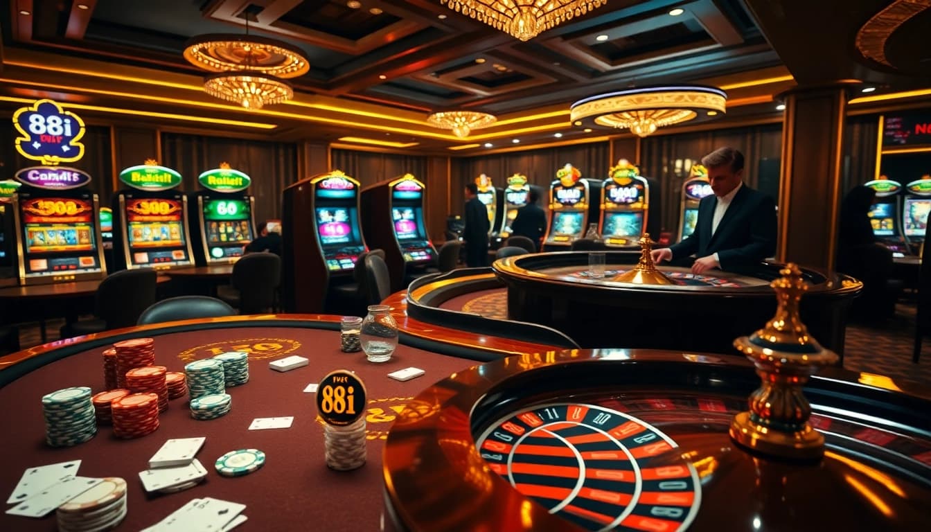 Experience an exciting game at 88i's luxurious casino tables featuring poker chips and a roulette wheel.