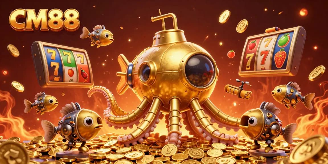 Experience exciting gameplay at CM88 with dynamic slot reels and golden kraken diving into coins.