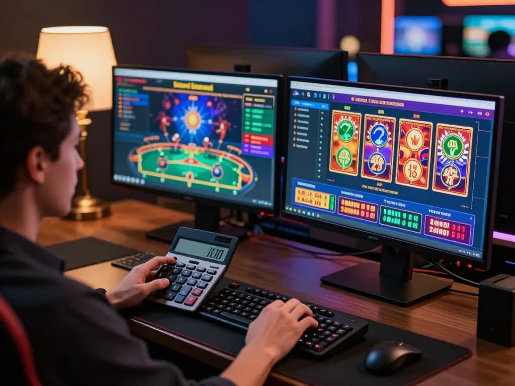 Player engaged in strategic gameplay on rikvip, analyzing bets on multiple screens in a modern home setup