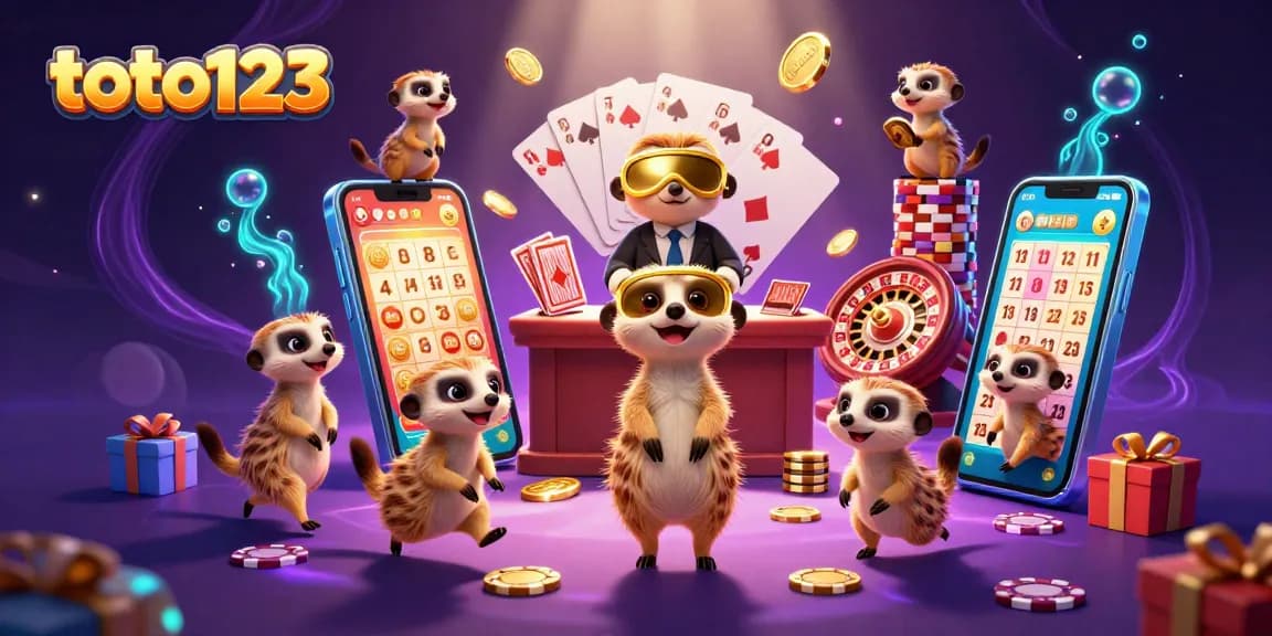 Toto123 captures a playful scene of meerkats running a thrilling lottery game surrounded by vibrant casino elements.