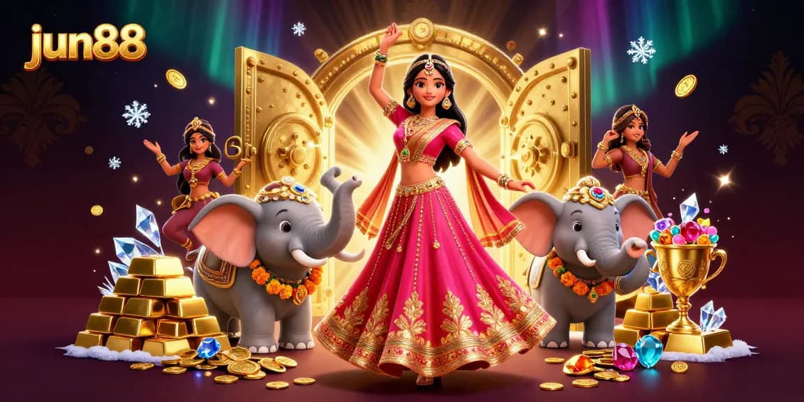 Experience thrilling jackpots at jun88 with vibrant scenes of a Bollywood-inspired casino adventure.