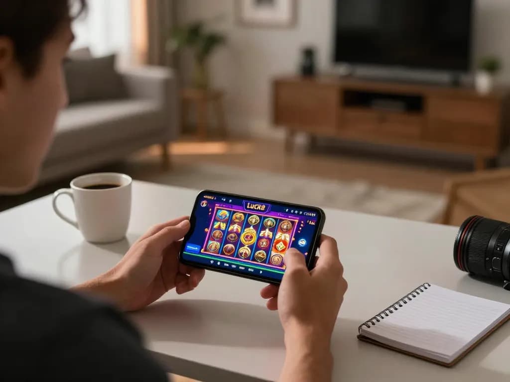 Luck8 user engaged in exciting mobile gambling with vibrant slot visuals on smartphone.
