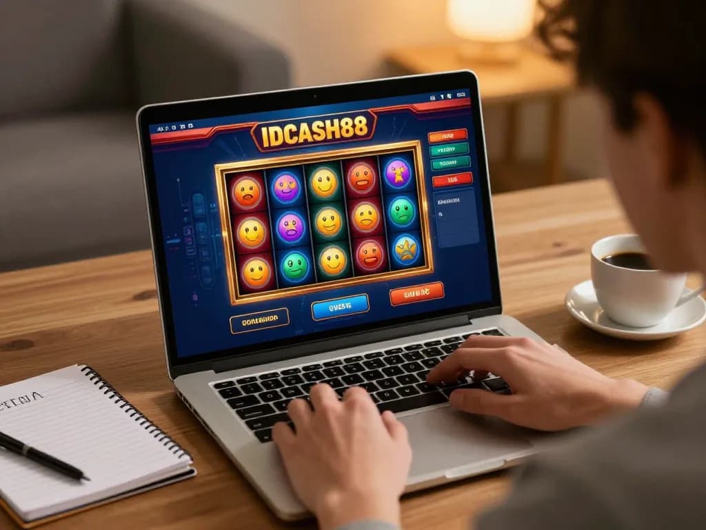 Engaging gaming moment on IDCASH88 with a player enjoying colorful slot reels during online gambling.
